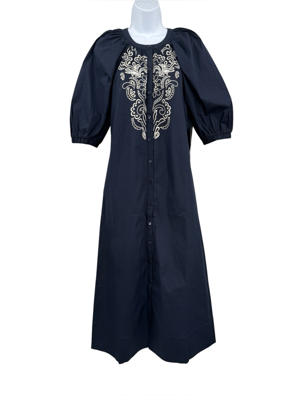 Tuckernuck Etta Navy Embroidered Midi Dress Size XS Cotton Poplin